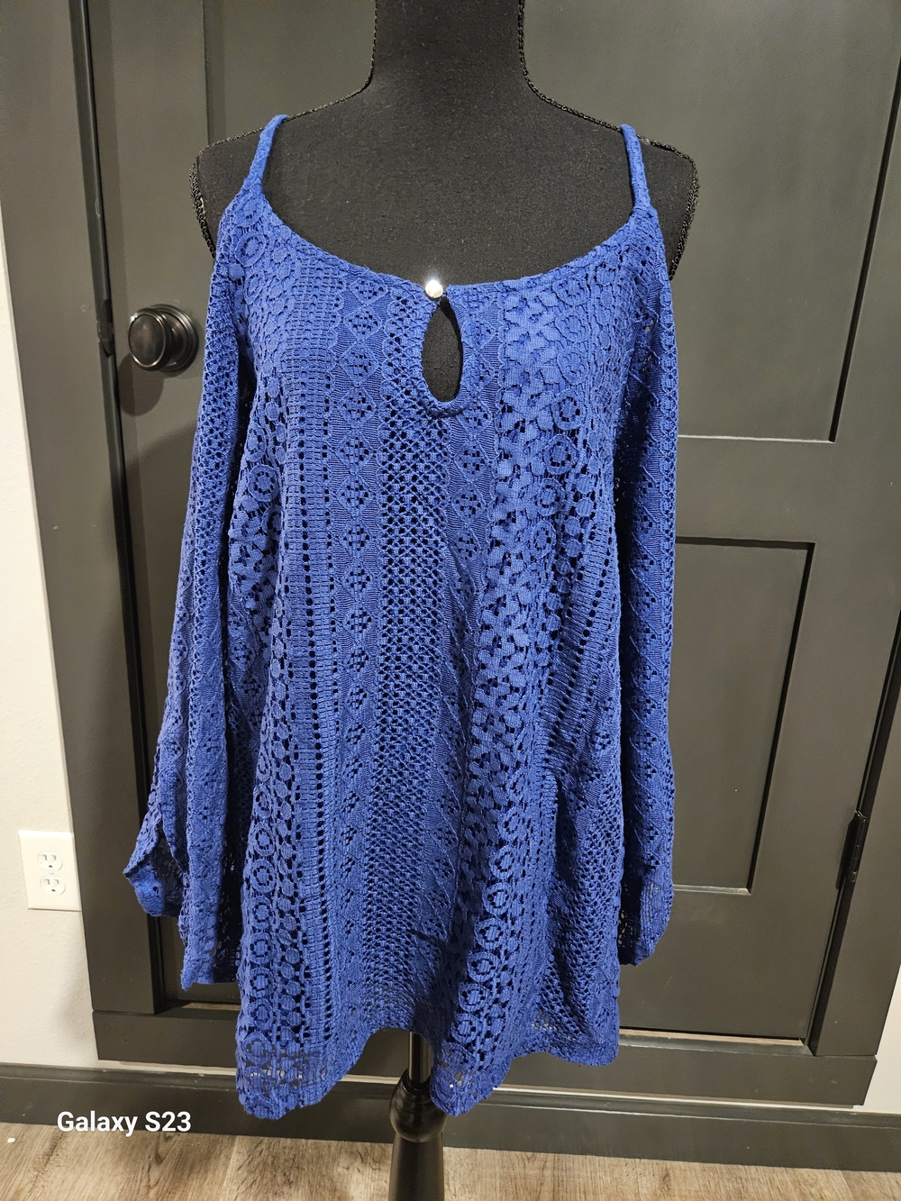 Inc Blue Crochet Cold-Shoulder Tunic Top
